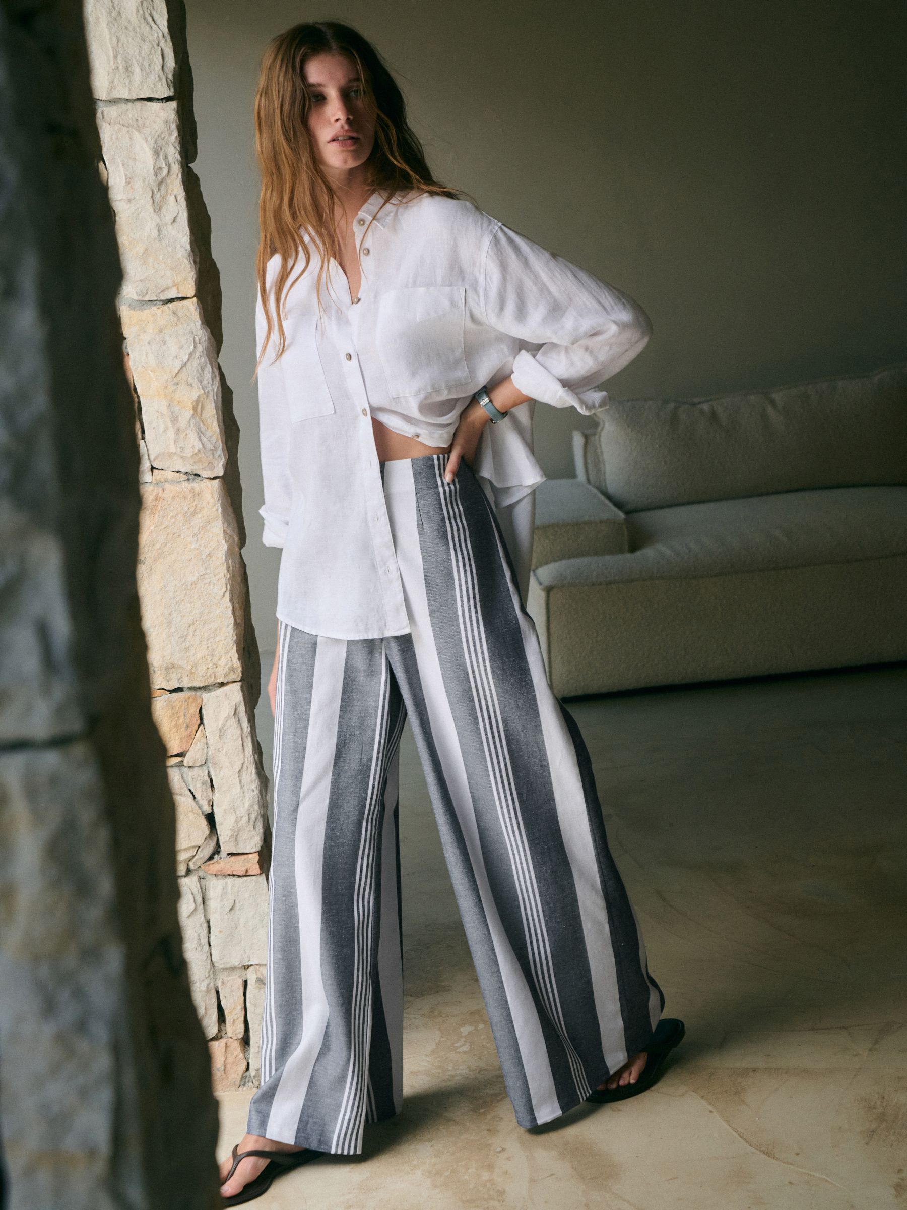 Buy Navy Blue/White Stripe - N. Premium Wide Leg Trousers from