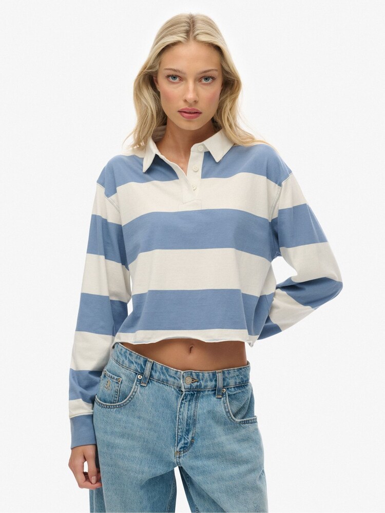 Superdry Blue/Ecru Athletic Essential Cropped Stripe Rugby Shirt - Image 1 of 4