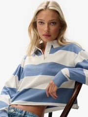 Superdry Blue/Ecru Athletic Essential Cropped Stripe Rugby Shirt - Image 3 of 4
