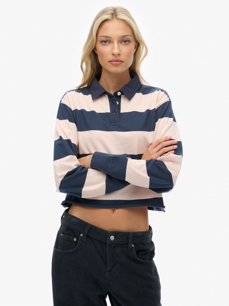 Superdry Pink/Navy Athletic Essential Cropped Stripe Rugby Shirt - Image 1 of 5