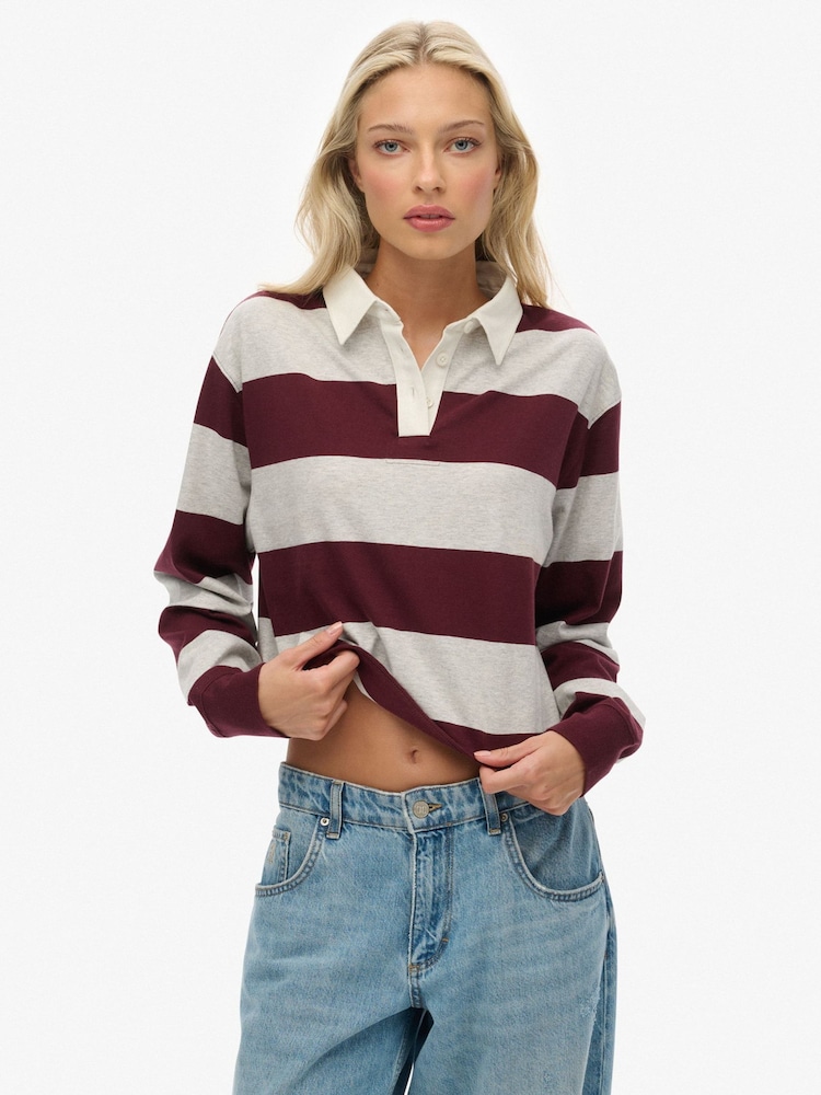 Superdry Berry/Ecru Athletic Essential Cropped Stripe Rugby Shirt - Image 1 of 4