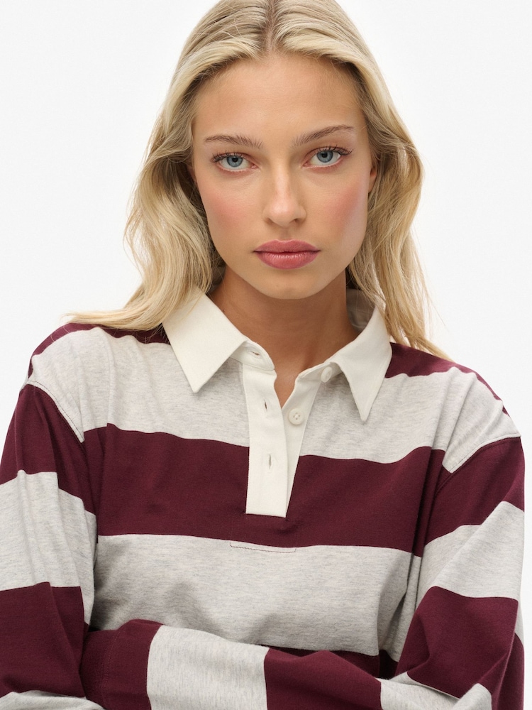 Superdry Berry/Ecru Athletic Essential Cropped Stripe Rugby Shirt - Image 4 of 4