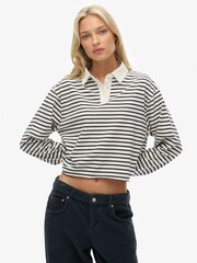 Superdry Cream Stripe Athletic Essential Cropped Stripe Rugby Shirt - Image 1 of 4