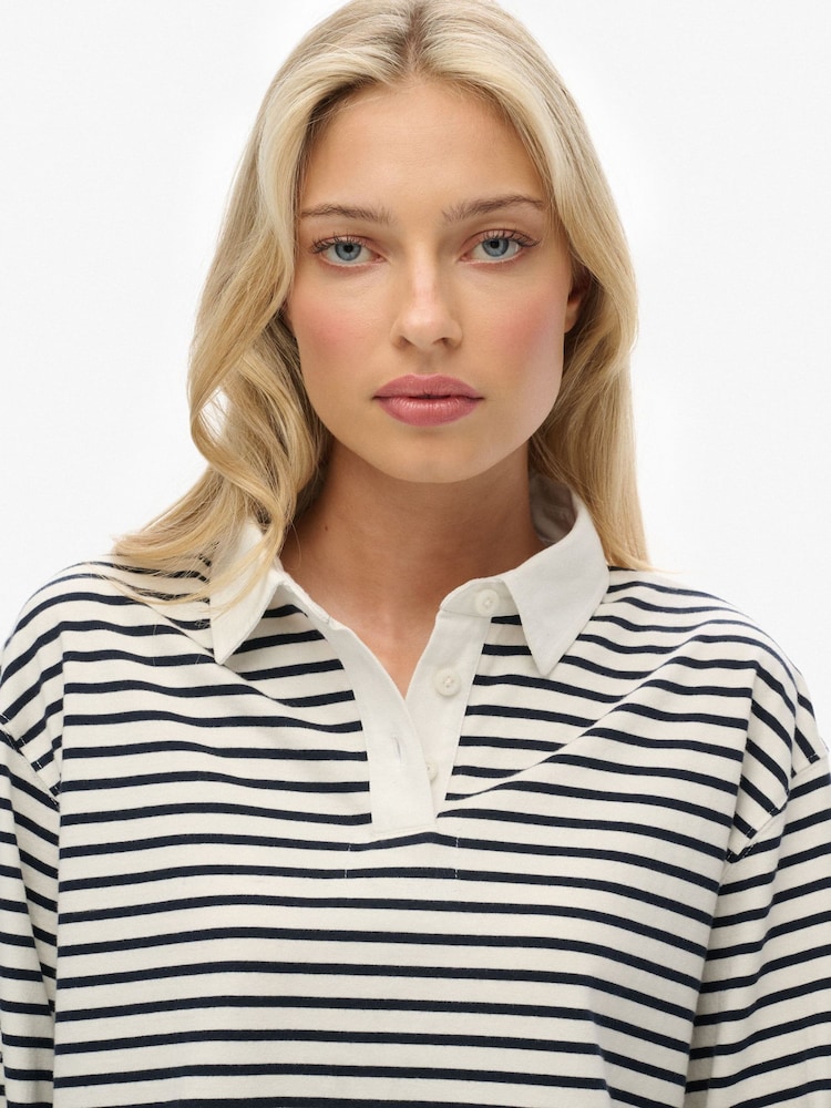 Superdry Cream Stripe Athletic Essential Cropped Stripe Rugby Shirt - Image 8 of 8