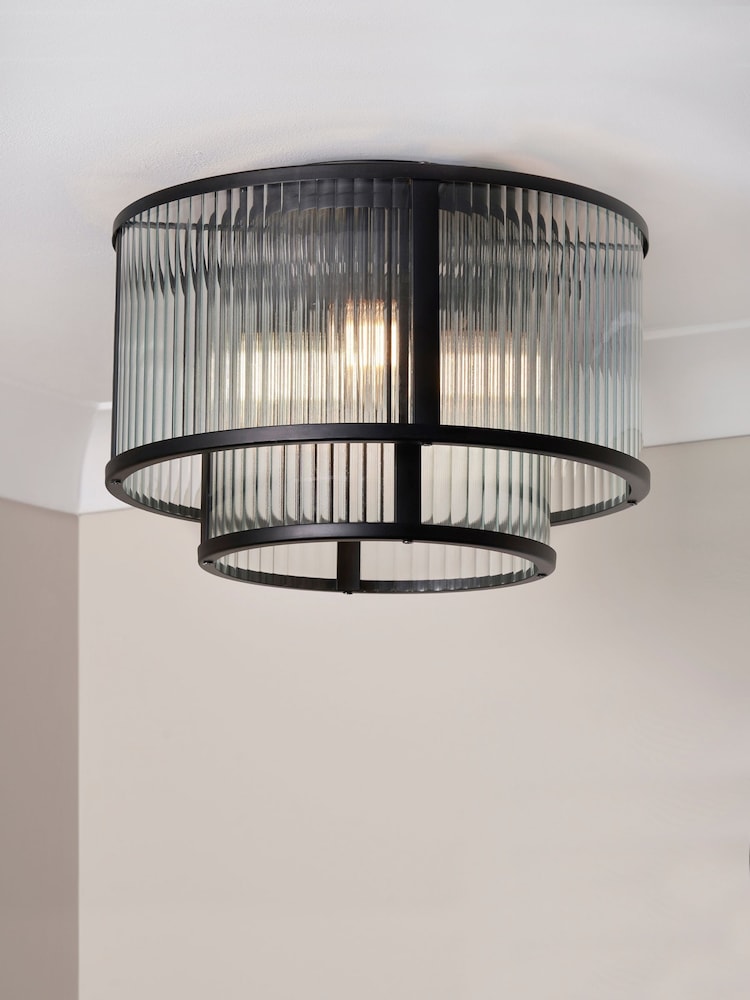 BHS Black Jasmine Ribbed Glass Flush Ceiling Light - Image 1 of 6