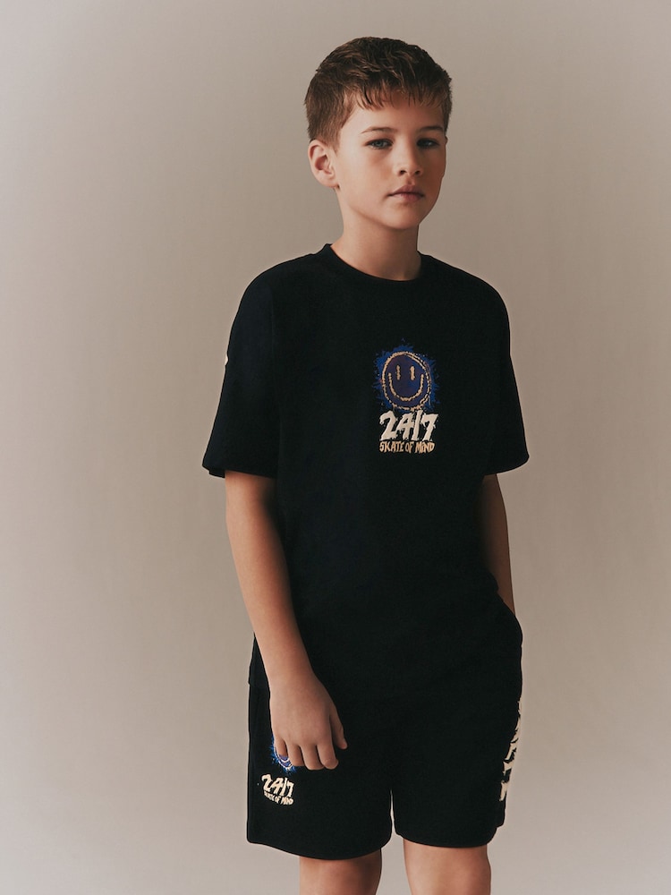 Black Short Sleeve T-Shirt and Shorts Set (3-16yrs) - Image 1 of 4 Black Short Sleeve T-Shirt and Shorts Set (3-16yrs) - Image 1 of 4