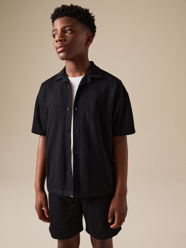 Zwart - Button Through Jersey Shirt and Shorts Set (3-16yrs) - Afbeelding 1 van 8