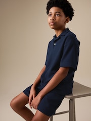 Navy Short Sleeve Textured Polo Shirt and Shorts Set (3-16yrs) - Image 3 of 9