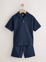 Navy Short Sleeve Textured Polo Shirt and Shorts Set (3-16yrs) - Image 5 of 9