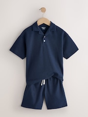 Navy Short Sleeve Textured Polo Shirt and Shorts Set (3-16yrs) - Image 6 of 9