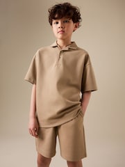Tan Brown Short Sleeve Textured Polo Shirt and Shorts Set (3-16yrs) - Image 1 of 8