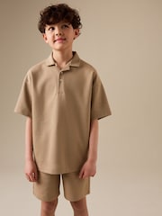 Tan Brown Short Sleeve Textured Polo Shirt and Shorts Set (3-16yrs) - Image 2 of 8