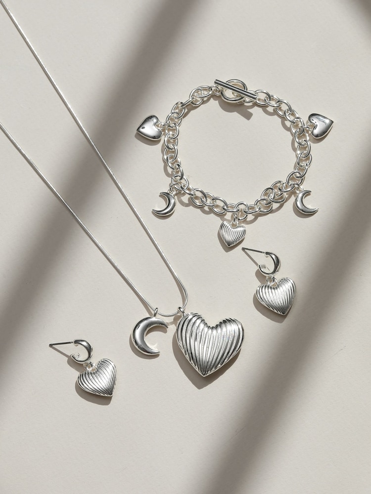 Mood Silver Plated Ridged Heart and Moon Charm Bracelet - Image 2 of 2 Mood Silver Plated Ridged Heart and Moon Charm Bracelet - Image 2 of 2