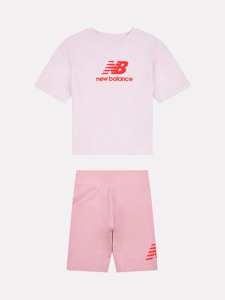 New Balance Pink Stacked Logo T-Shirt and Cycle Shorts Set - Image 1 of 5