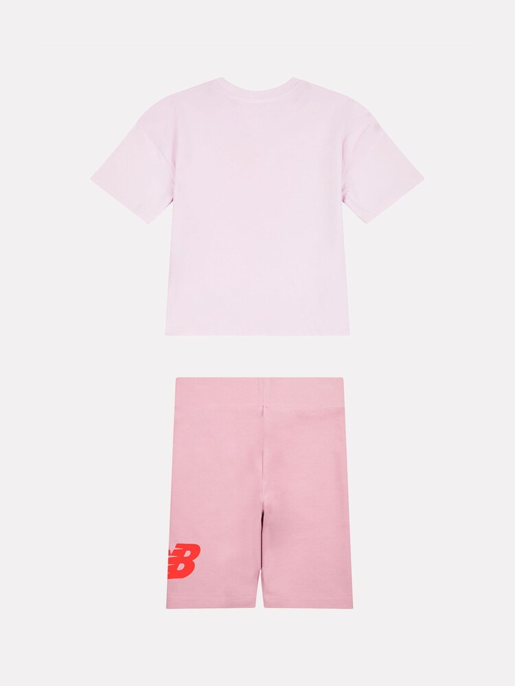 New Balance Pink Stacked Logo T-Shirt and Cycle Shorts Set - Image 2 of 5