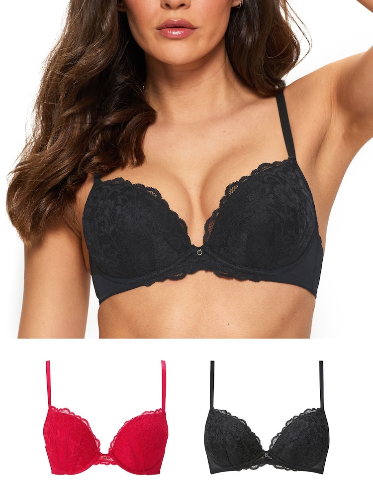 Ann Summers Black/Red Pad Plunge 2 Pack Sexy Lace Underwired Bras - Image 1 of 8 Ann Summers Black/Red Pad Plunge 2 Pack Sexy Lace Underwired Bras - Image 1 of 8