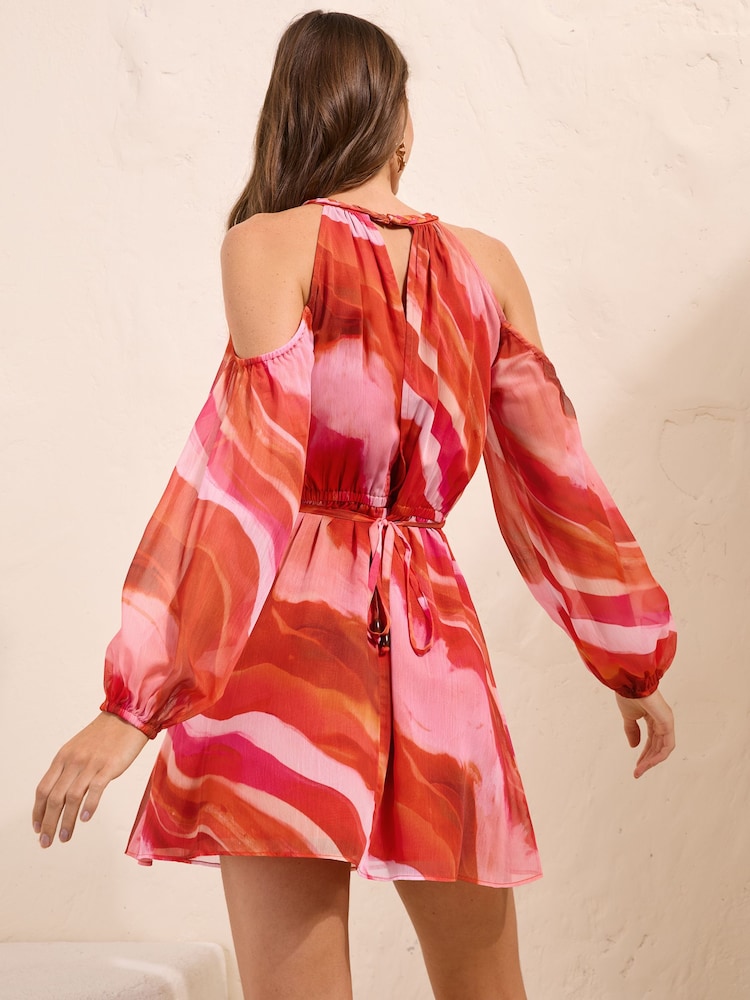 Friends Like These Bright Pink Cold Shoulder Beach Cover Up Mini Dress - Image 4 of 4