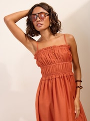 Friends Like These Amber Orange Strappy Shirred Waist Button Detail Sheer Midi Dress - Image 2 of 6