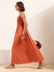 Friends Like These Amber Orange Strappy Shirred Waist Button Detail Sheer Midi Dress - Image 3 of 6