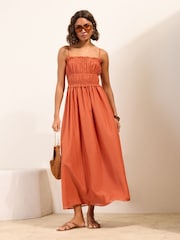 Friends Like These Amber Orange Strappy Shirred Waist Button Detail Sheer Midi Dress - Image 4 of 6
