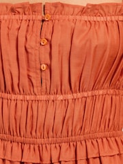 Friends Like These Amber Orange Strappy Shirred Waist Button Detail Sheer Midi Dress - Image 5 of 6