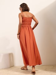 Friends Like These Amber Orange Strappy Shirred Waist Button Detail Sheer Midi Dress - Image 6 of 6