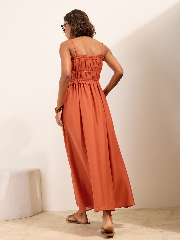 Friends Like These Amber Orange Strappy Shirred Waist Button Detail Sheer Midi Dress - Image 6 of 6 Friends Like These Amber Orange Strappy Shirred Waist Button Detail Sheer Midi Dress - Image 6 of 6