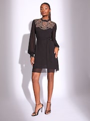 Lipsy Black Embellished Cut Out Artwork Long Sleeve Mini Shift Dress - Image 3 of 4
