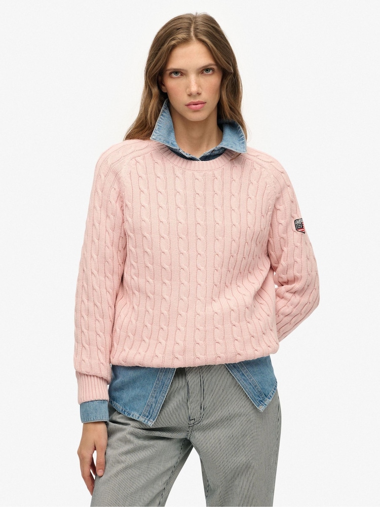 Superdry Pink Slouchy Cable Knit Jumper - Image 1 of 6 Superdry Pink Slouchy Cable Knit Jumper - Image 1 of 6