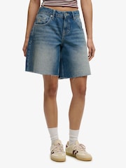 Superdry Mid Blue Wash Mid Rise Baggy Shorts - Image 1 of 7