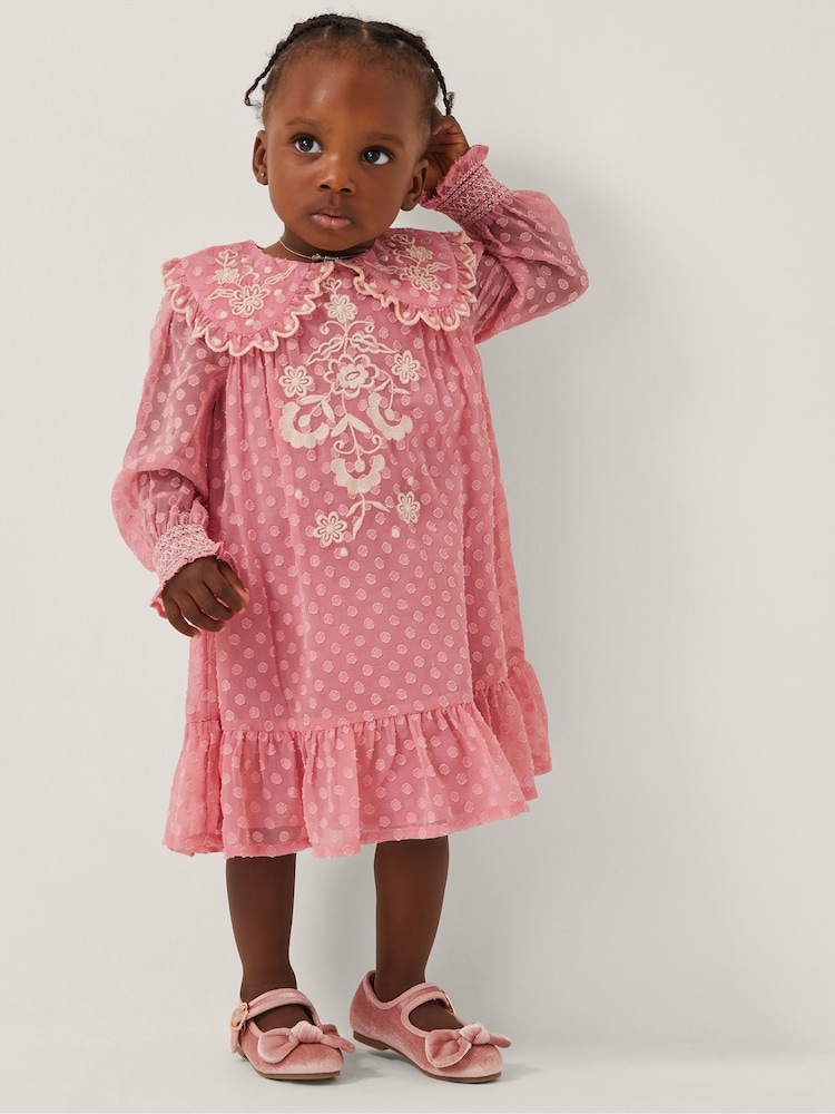 Monsoon Pink Baby Polka Dot Embroidered Collar Dress - Image 1 of 1