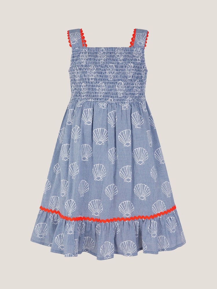 Monsoon Blue Shell Print Gingham Dress - Image 1 of 1