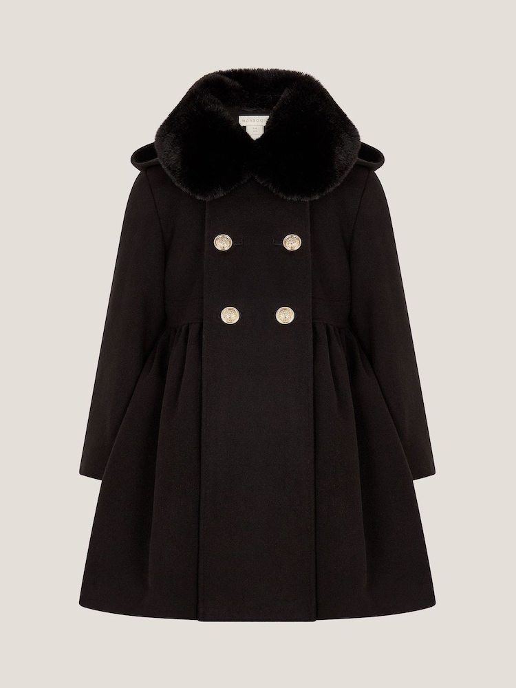 Monsoon Black Faux Collar Double Breasted Coat - Image 1 of 3