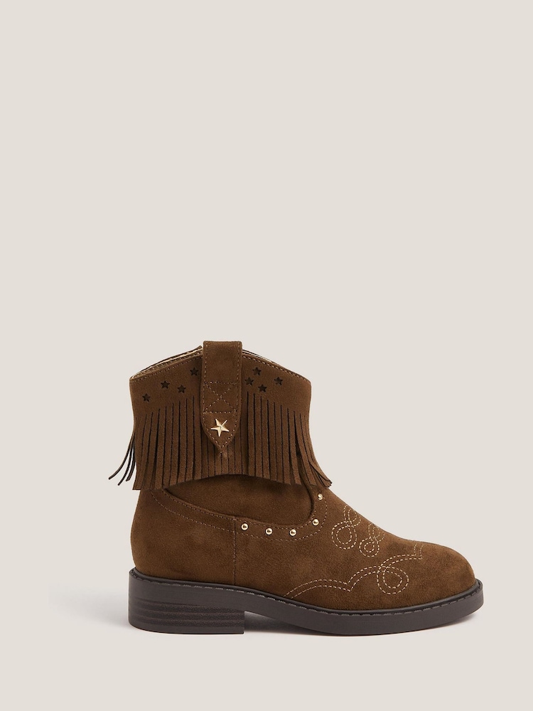 Monsoon Brown Fringe Suedette Cowboy Boots - Image 1 of 3 Monsoon Brown Fringe Suedette Cowboy Boots - Image 1 of 3