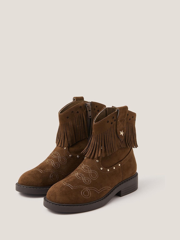 Monsoon Brown Fringe Suedette Cowboy Boots - Image 2 of 3 Monsoon Brown Fringe Suedette Cowboy Boots - Image 2 of 3
