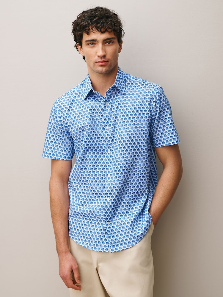 Blue Shell Geometric Regular Fit Cotton Rich Easy Care Print Smart Shirt - Image 1 of 8