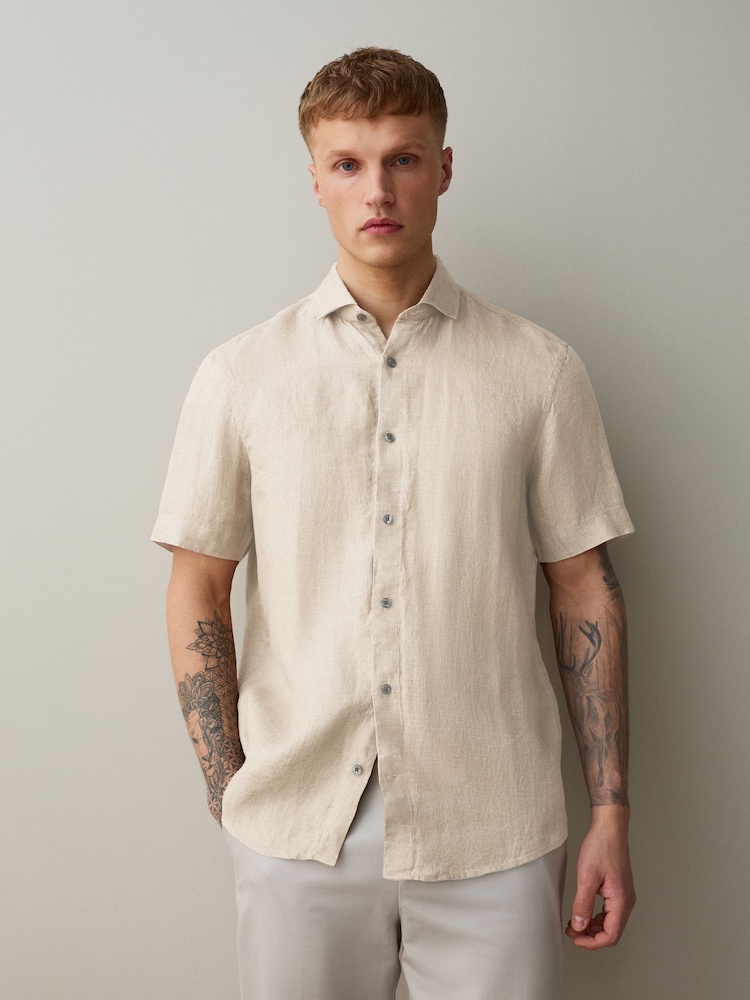 Neutral Regular Fit Signature Basket Weave Linen Short Sleeve Shirt - Image 1 of 7