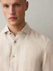 Neutral Regular Fit Signature Basket Weave Linen Short Sleeve Shirt - Image 4 of 7