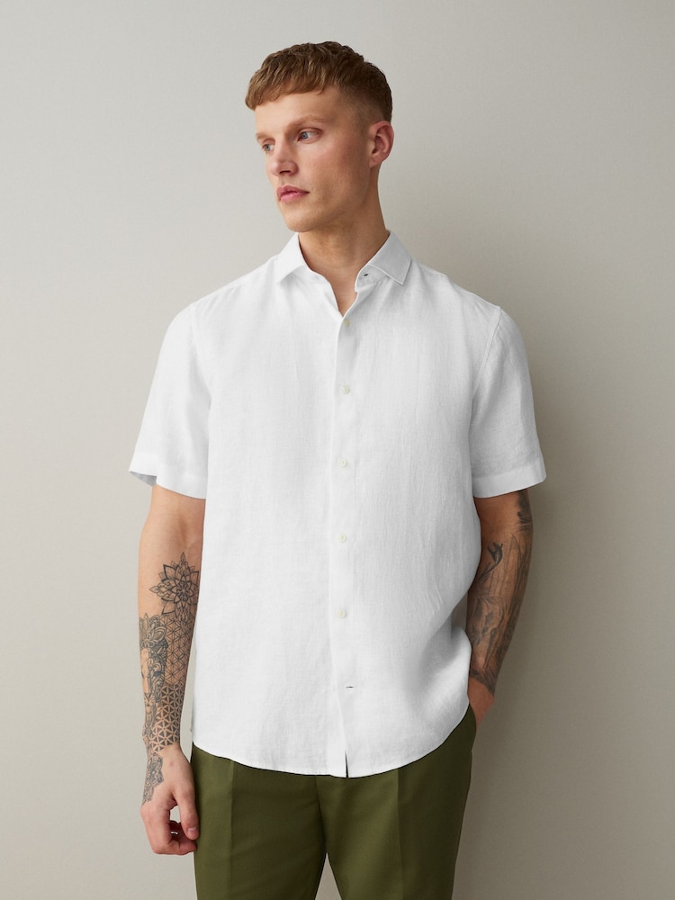 White Regular Fit Signature Basket Weave Linen Short Sleeve Shirt - Image 1 of 6 White Regular Fit Signature Basket Weave Linen Short Sleeve Shirt - Image 1 of 6
