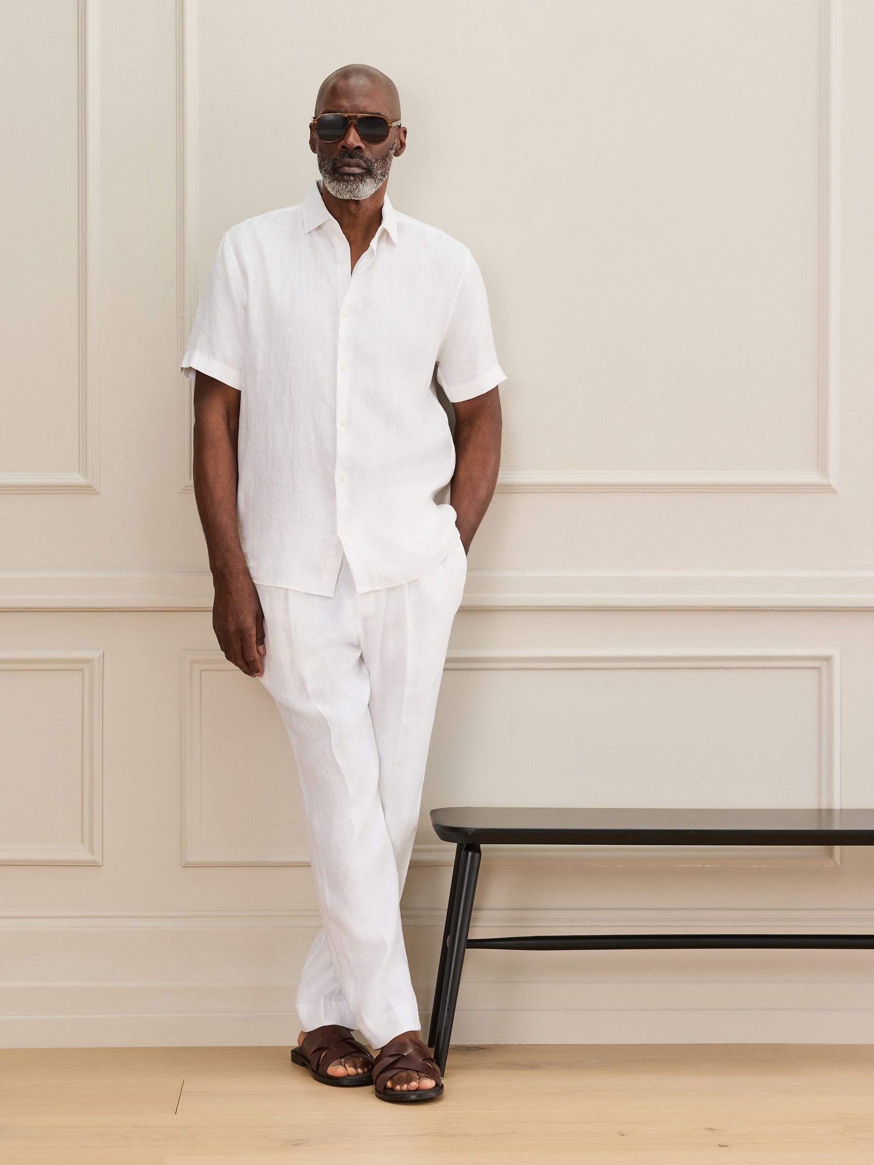 Buy White Short Sleeve Signature Basket Weave 100% Linen Shirt