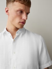 White Regular Fit Signature Basket Weave Linen Short Sleeve Shirt - Image 4 of 6