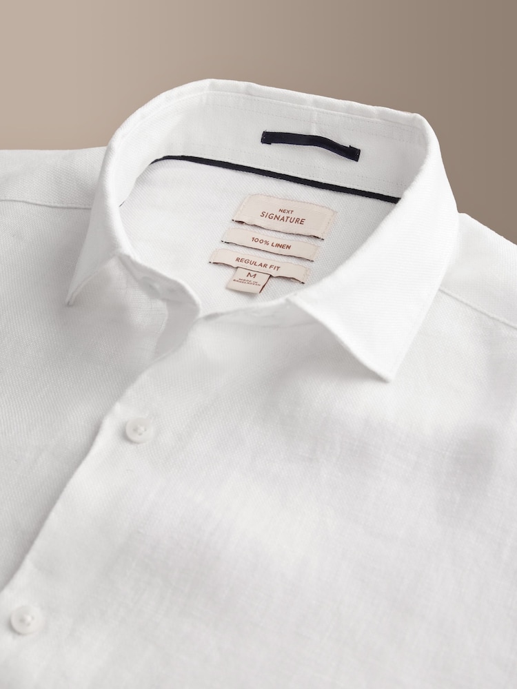 White Regular Fit Signature Basket Weave Linen Short Sleeve Shirt - Image 6 of 6 White Regular Fit Signature Basket Weave Linen Short Sleeve Shirt - Image 6 of 6