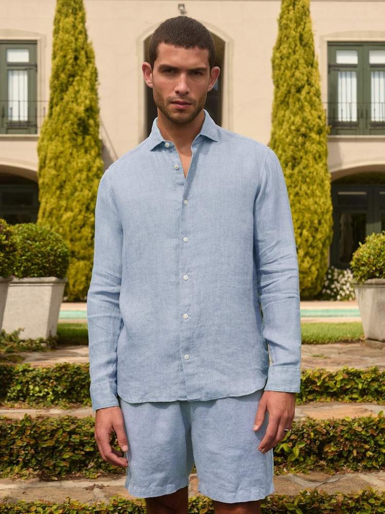 Light Blue Regular Fit Signature Basket Weave Linen Long Sleeve Shirt - Image 1 of 9