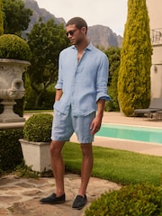 Light Blue Regular Fit Signature Basket Weave Linen Long Sleeve Shirt - Image 2 of 9