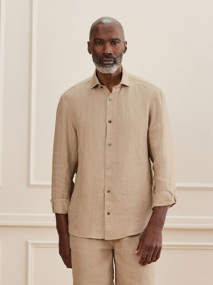 Neutral Regular Fit Signature Basket Weave Linen Long Sleeve Shirt - Image 1 of 5