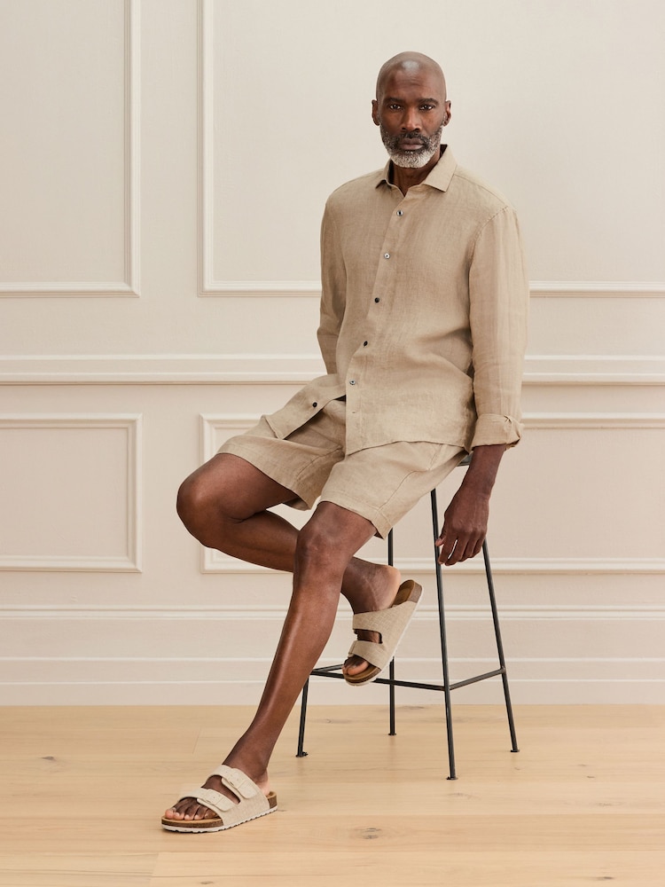Neutral Regular Fit Signature Basket Weave Linen Long Sleeve Shirt - Image 2 of 5