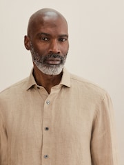 Neutral Regular Fit Signature Basket Weave Linen Long Sleeve Shirt - Image 4 of 5