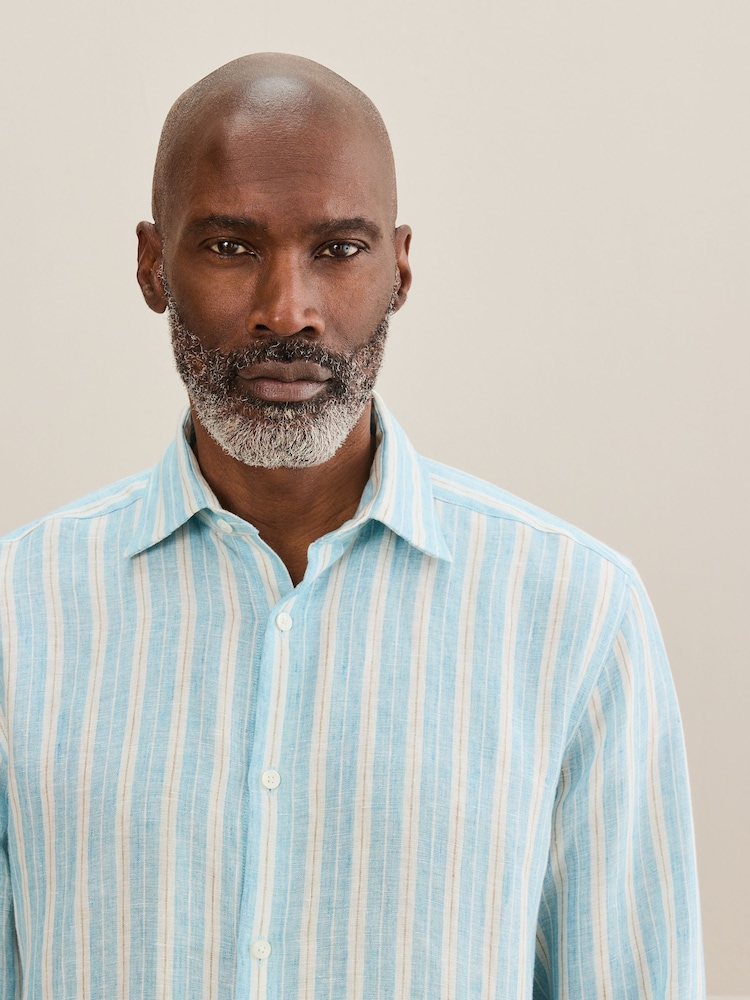 Blue Stripe Regular Fit Signature Leomaster Linen Long Sleeve Shirt - Image 1 of 6