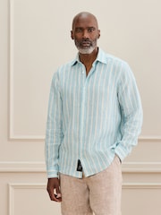 Blue Stripe Regular Fit Signature Leomaster Linen Long Sleeve Shirt - Image 6 of 6