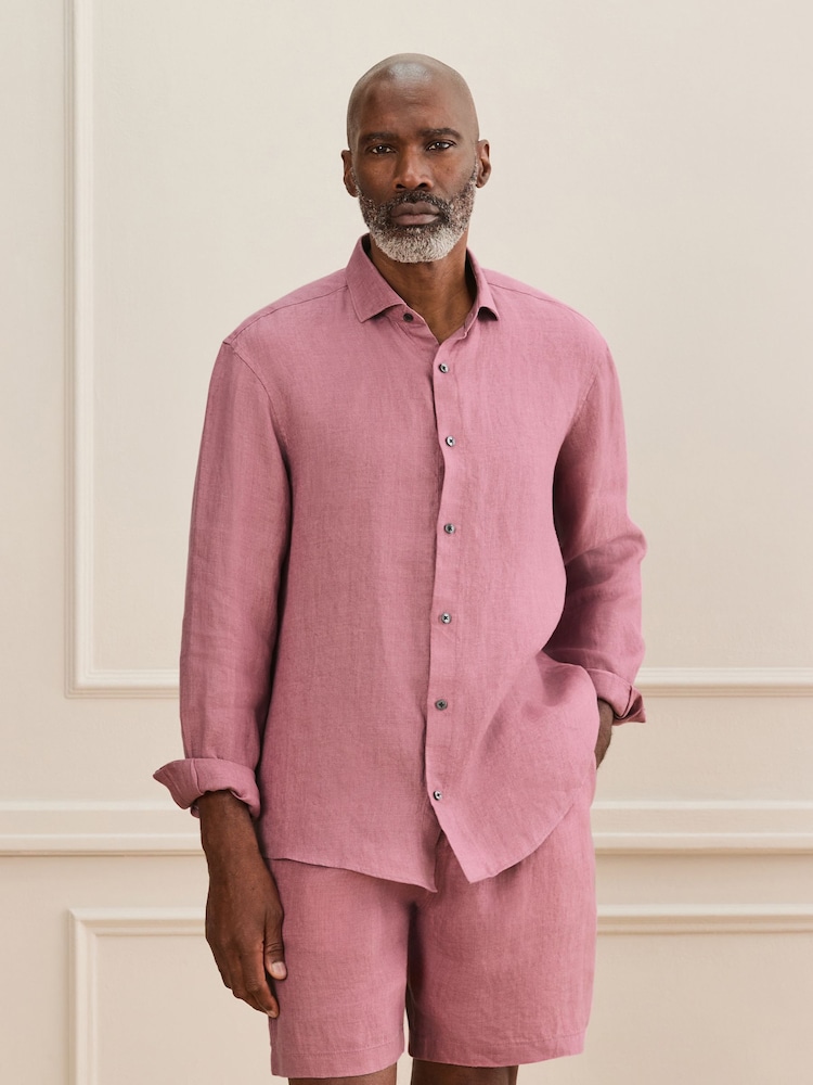 Pink Regular Fit Signature Basket Weave Linen Long Sleeve Shirt - Image 1 of 8